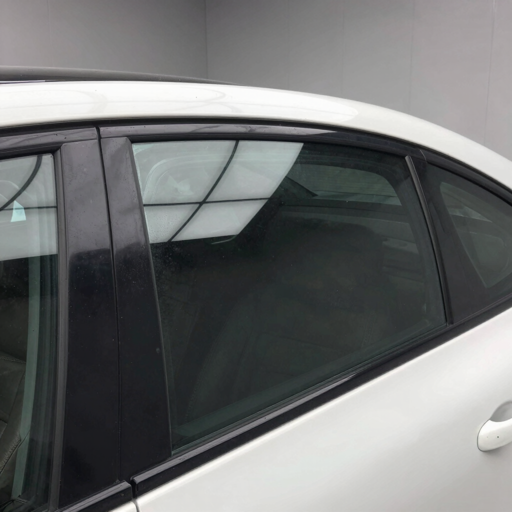 Close-up of a sleek car window with a subtle tint reflecting sunlight.