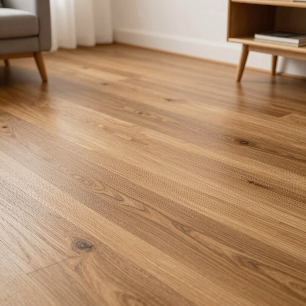 Polished oak hardwood flooring with natural wood grain and knots in a modern living room setting.