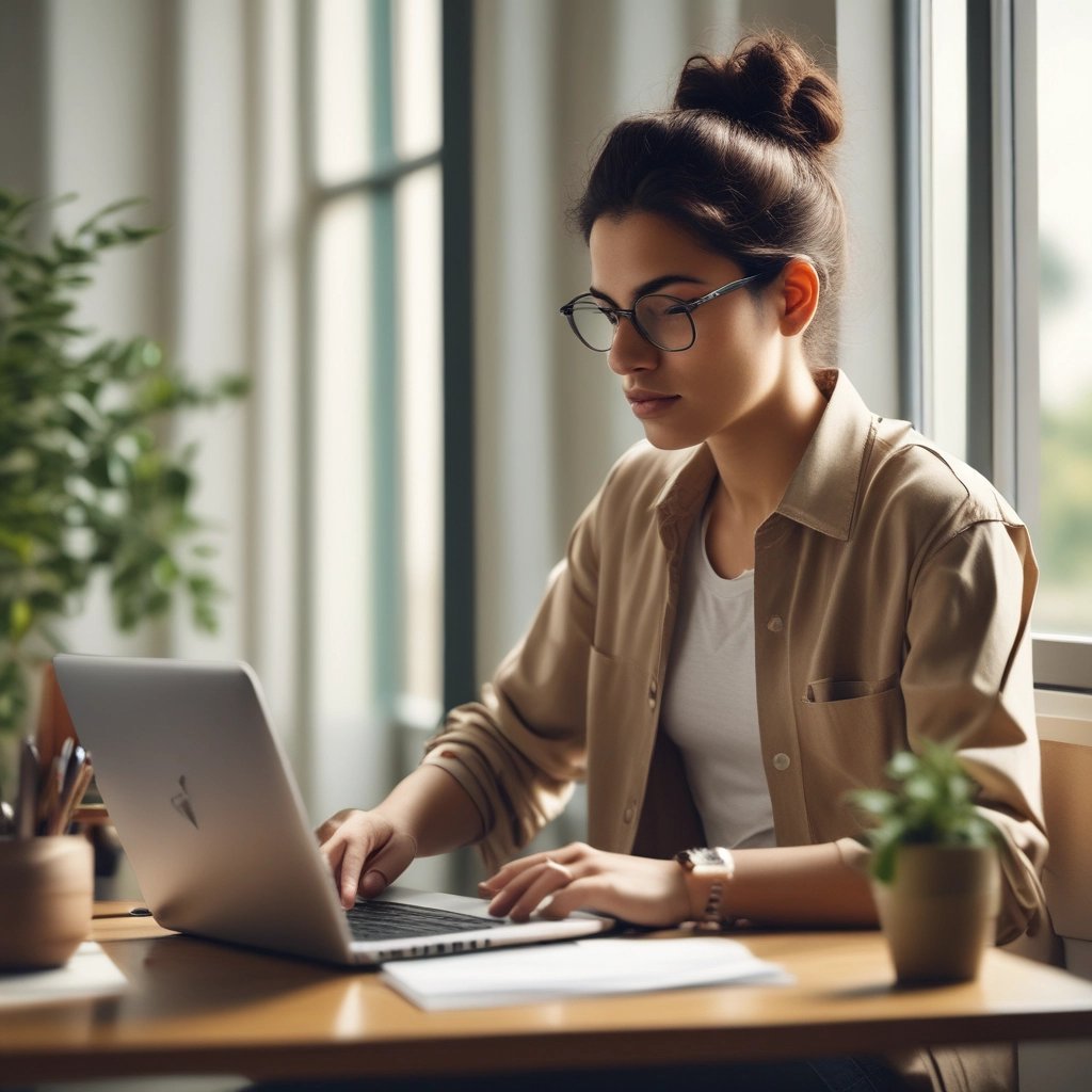 a woman sitting at a desk with a laptop