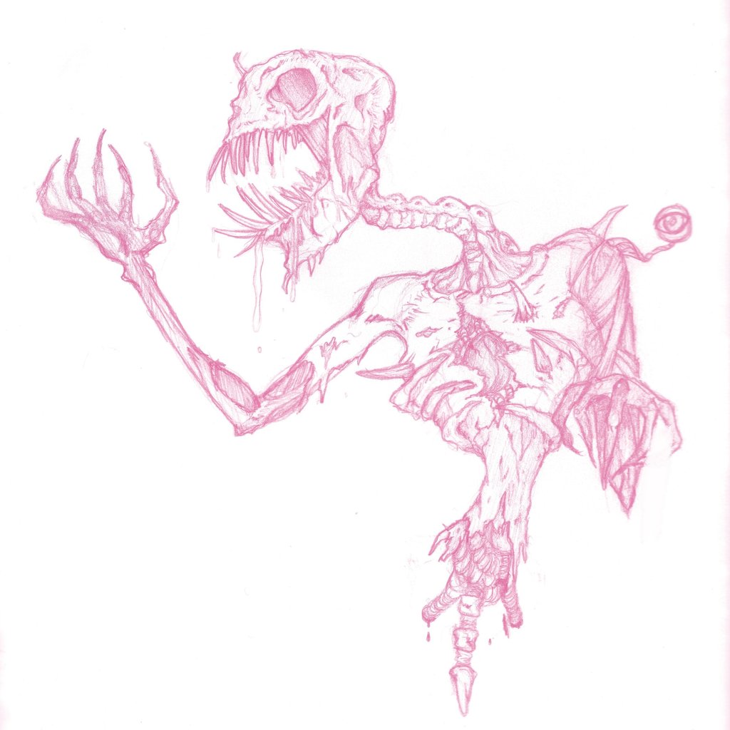 A drawing of a monster. horror creature are. Teeth, bones, claws, gore.