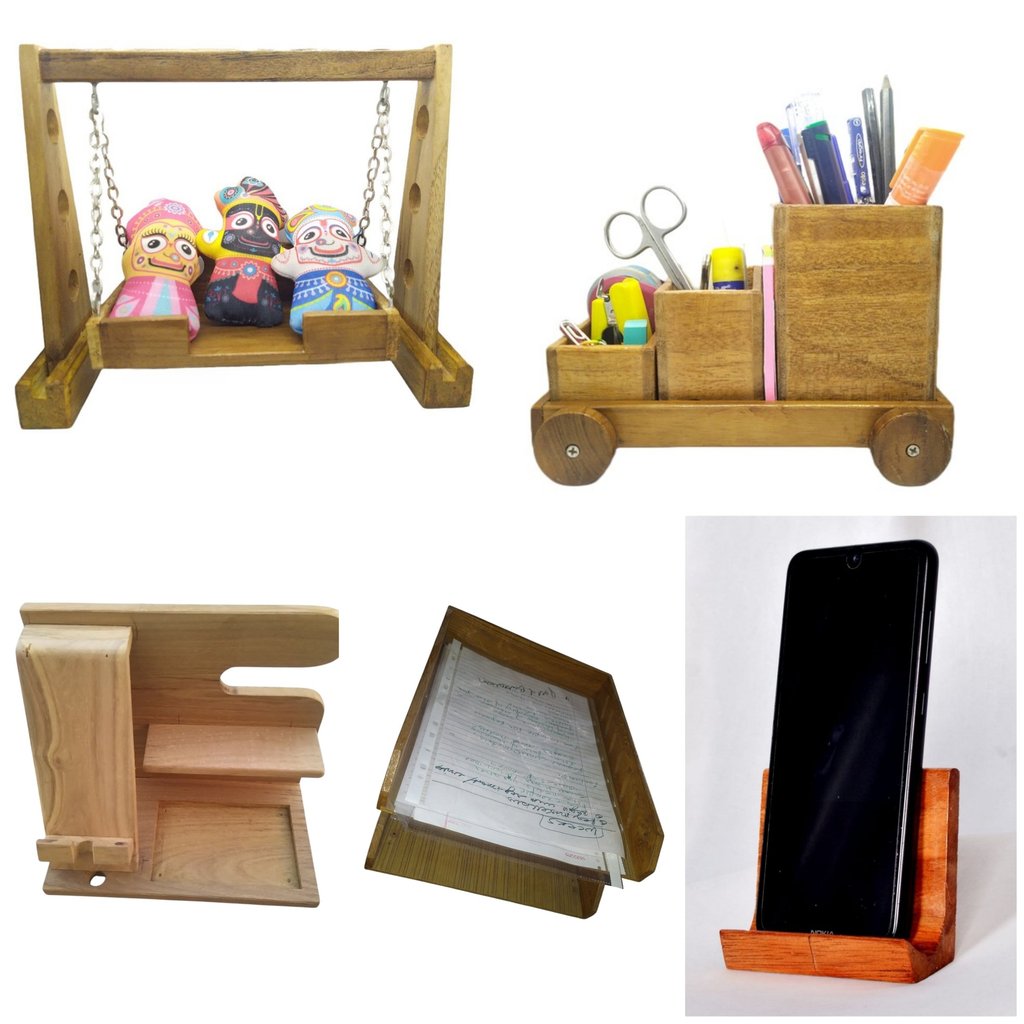 a collection of wooden desk accessories including a desk organizer