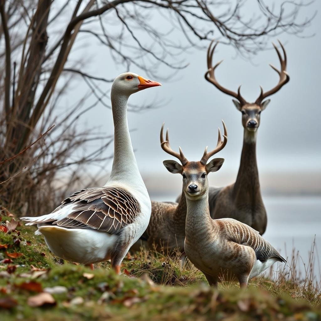 Surreal digital art of a white goose standing next to deer with antlers in a misty forest.