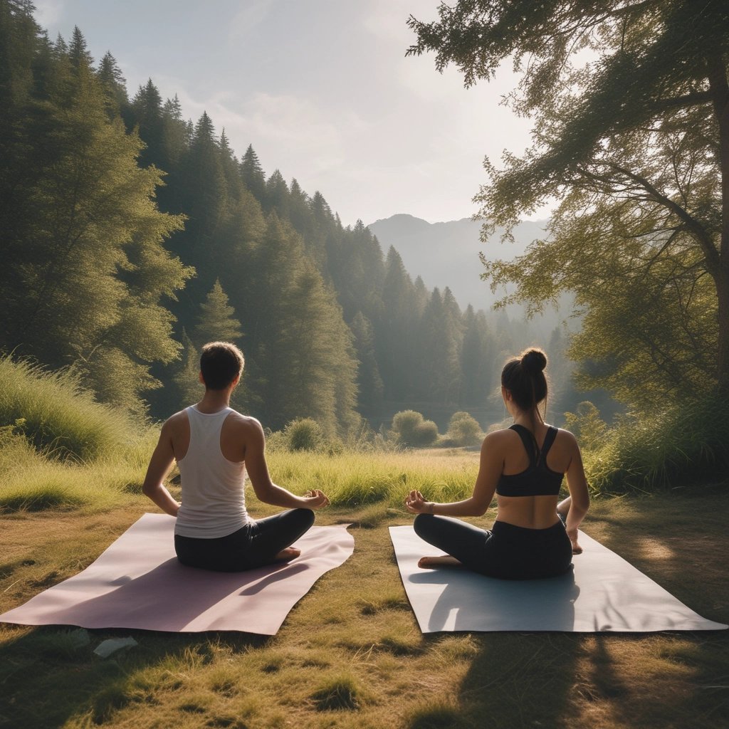 A person is meditating in a seated position with crossed legs on a rock, surrounded by a natural landscape with hills and a clear sky in the background. The individual is wearing a gray t-shirt, shorts, a beanie, and has a relaxed posture with hands resting on their knees.