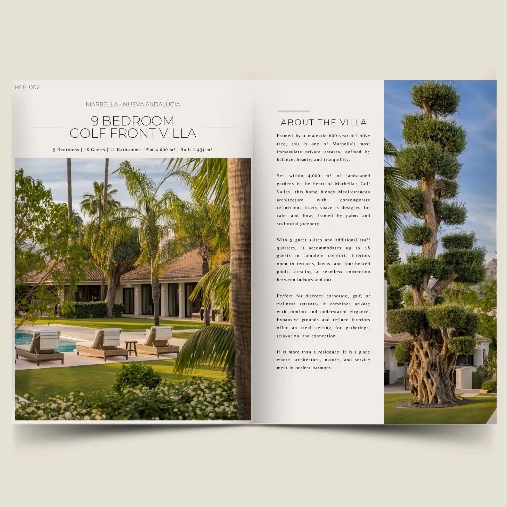 9 bedroom golf front villa dossier cover with garden and property overview