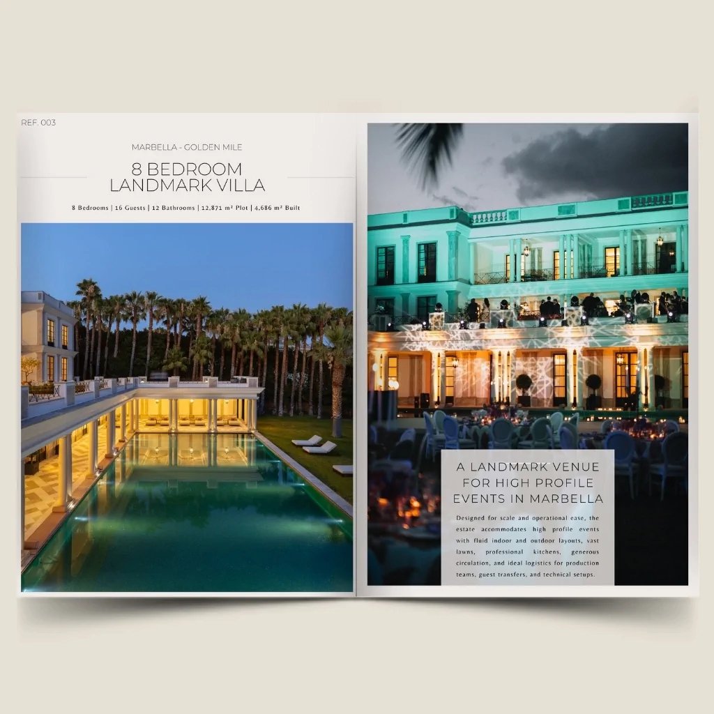8 bedroom landmark villa dossier cover with pool and event setting