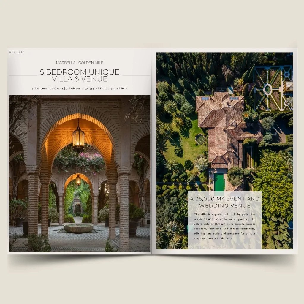 5 bedroom unique villa and venue brochure featuring historic Andalusian architecture