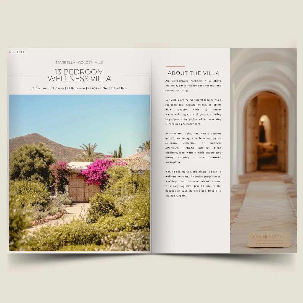 13 bedroom wellness villa brochure spread with garden and arched corridor images