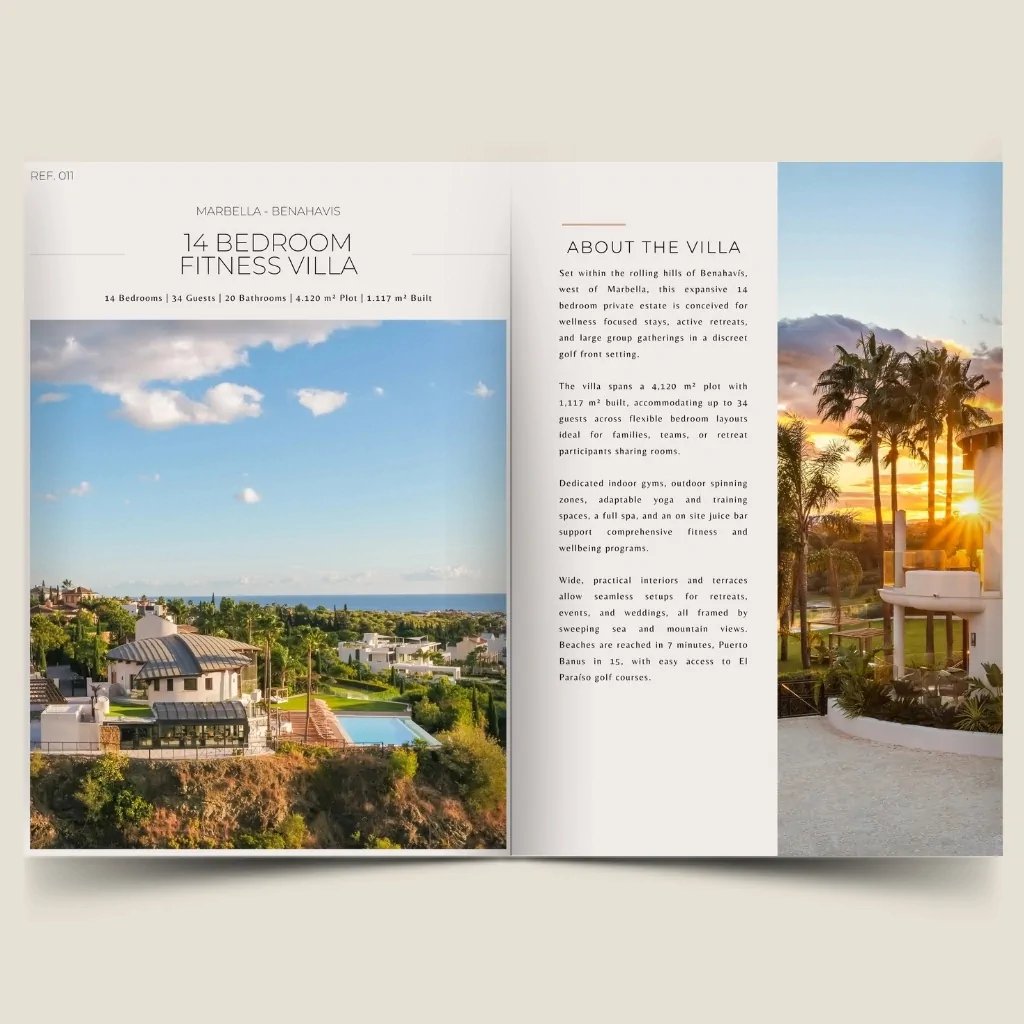 Brochure cover of 14 bedroom fitness villa in Marbella with elevated sea views