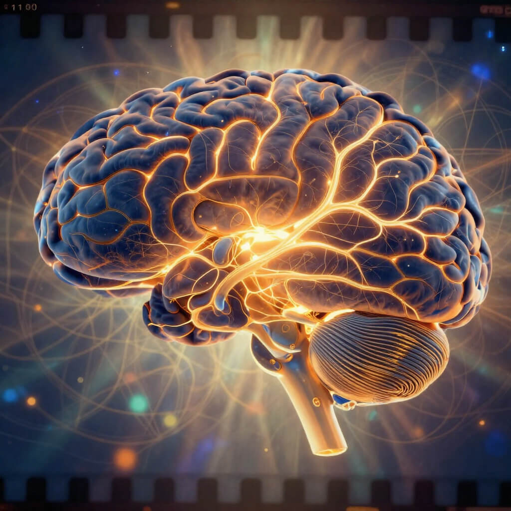 Brain neural pathways illuminated showing reticular activating system and manifestation