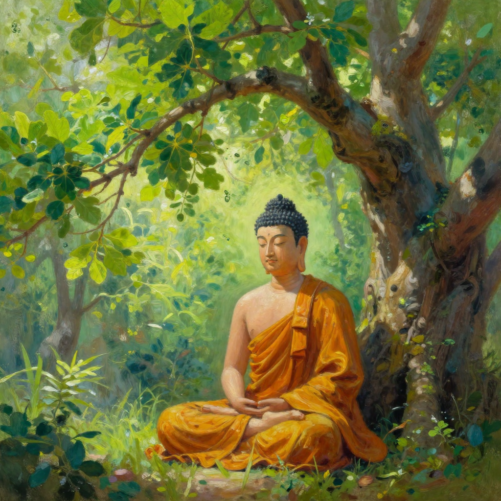 Buddha meditating under Bodhi tree demonstrating spiritual awakening path to enlightenment