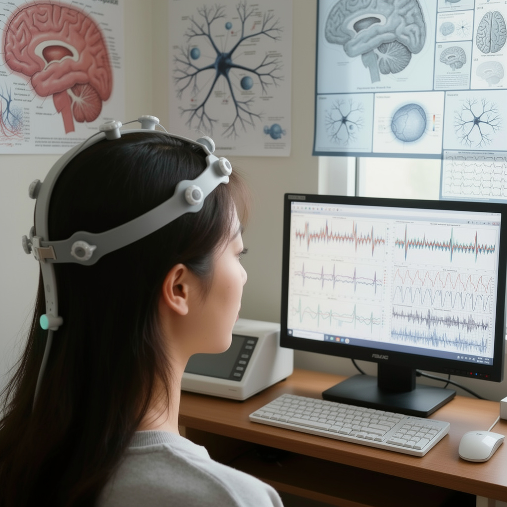 Neuroscience research showing meditation brain activity monitoring with EEG technology