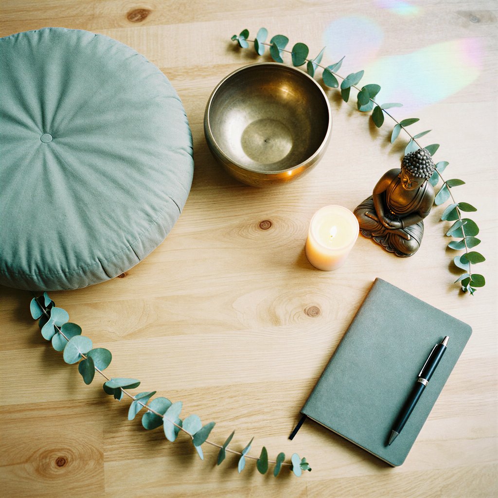 Meditation supplies flatlay with singing bowl crystals herbs natural healing mindfulness