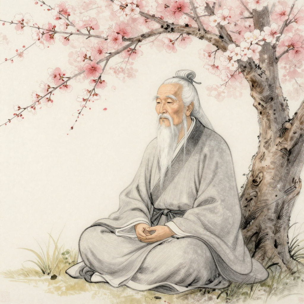 Lao Tzu meditating in nature demonstrating mindfulness and natural healing ancient wisdom