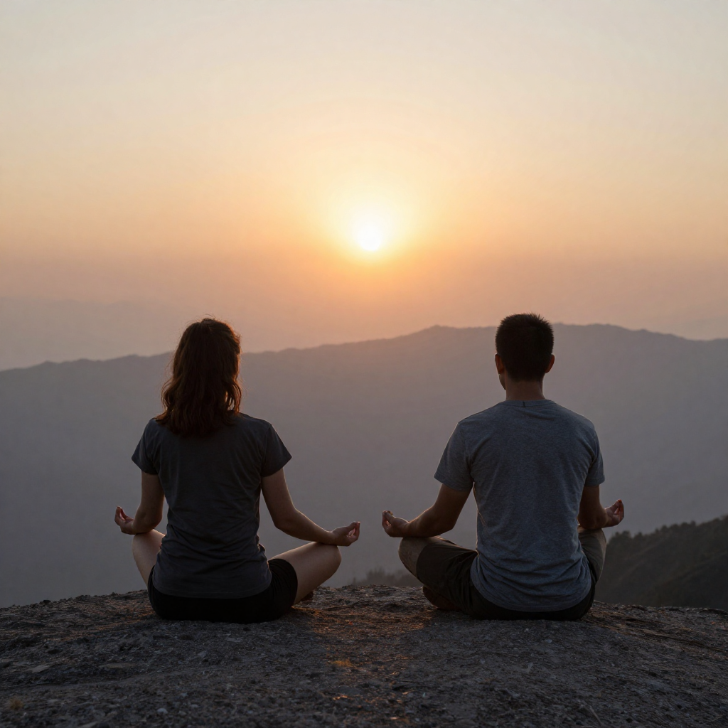 Silhouettes meditating at sunset supporting mindfulness practice for spiritual awakening 
