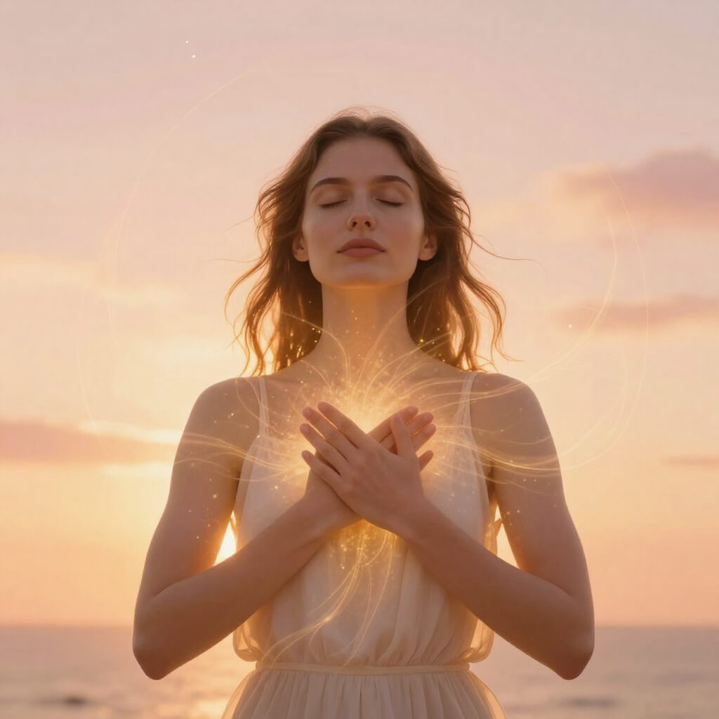 Woman manifesting abundance with hands on heart surrounded by golden energy light