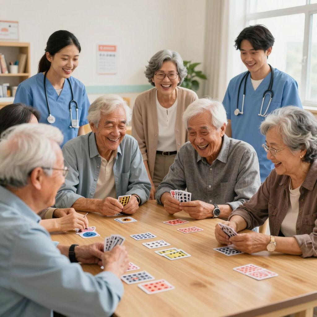 An elderly person with white hair sits in a wheelchair facing away from the camera. They are positioned near a worn doorway with textured walls and a brick interior visible beyond. A sign in an East Asian script is attached to the door nearby.