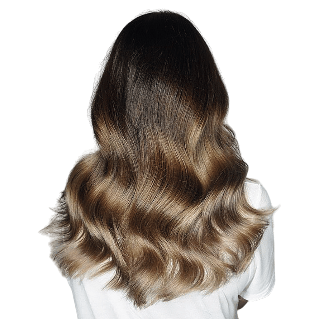 Woman with balayage blonde highlights and smooth styled hair.
