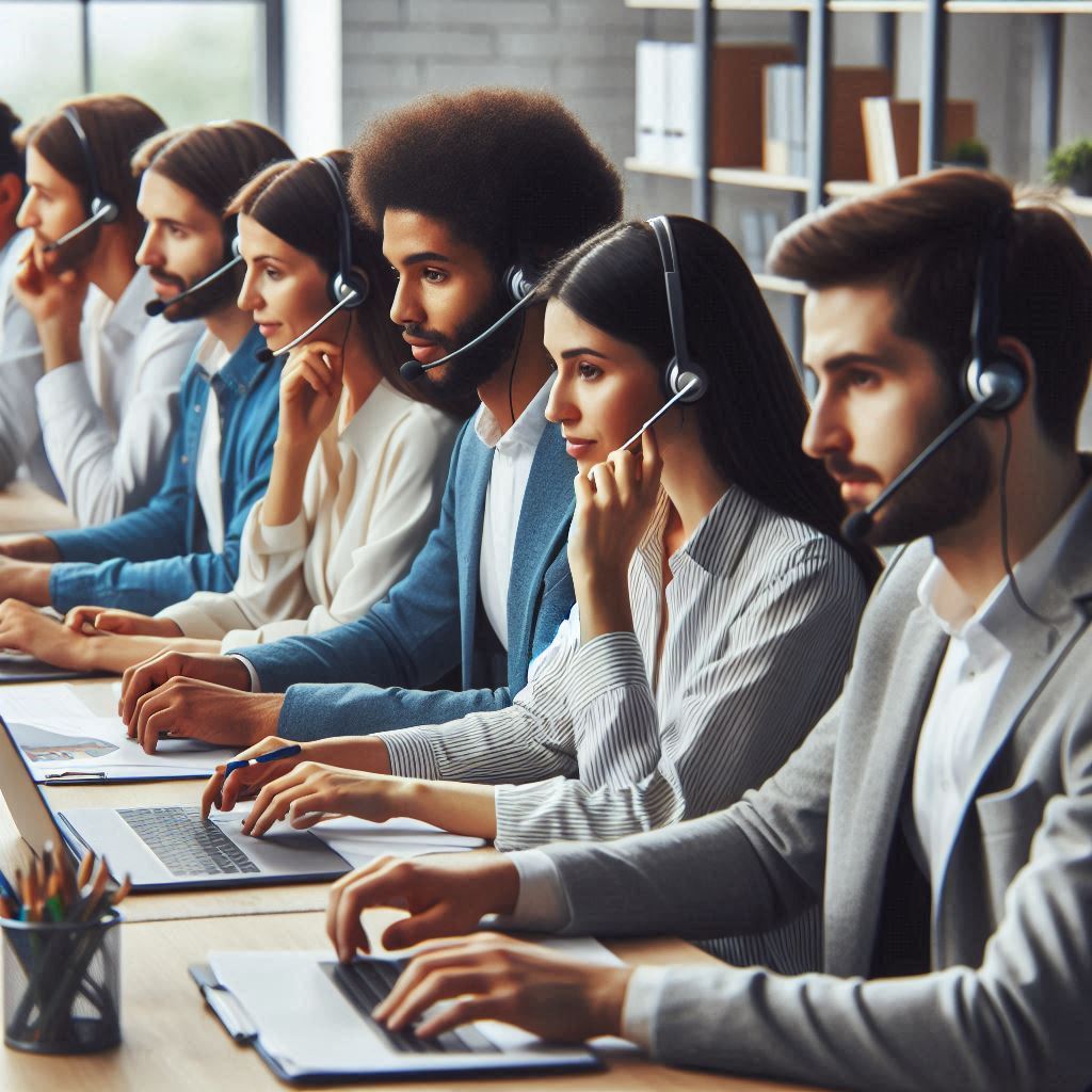 a group of people sitting at a table with headsets and headsets