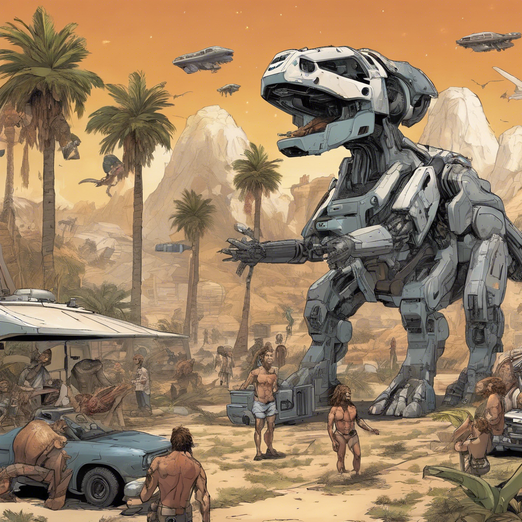 A giant robotic dinosaur surrounded by cavemen and palm trees with flying cars in the sky