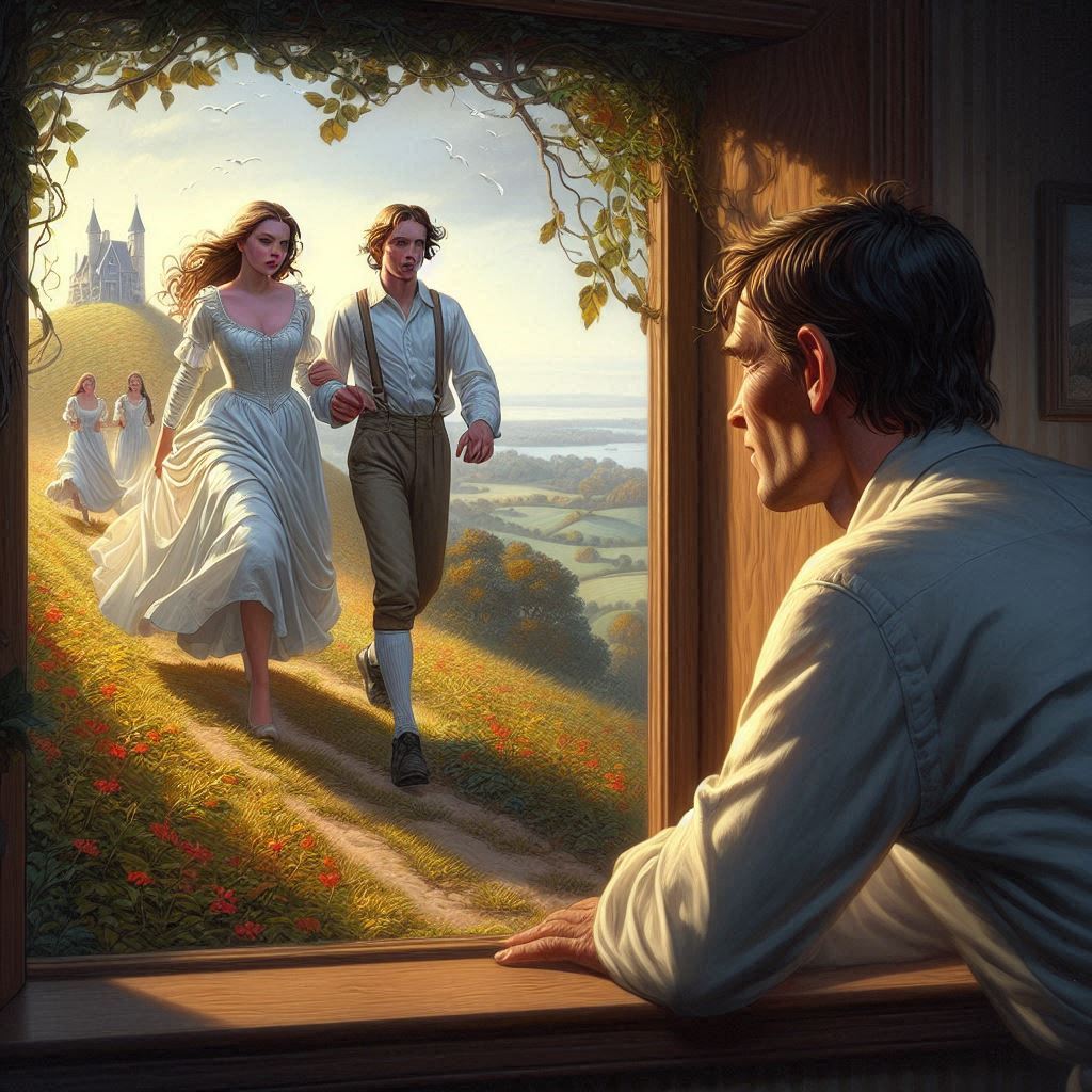 An AI image of a man inside a house staring out the window at a young male and female couple who walk hand in hand