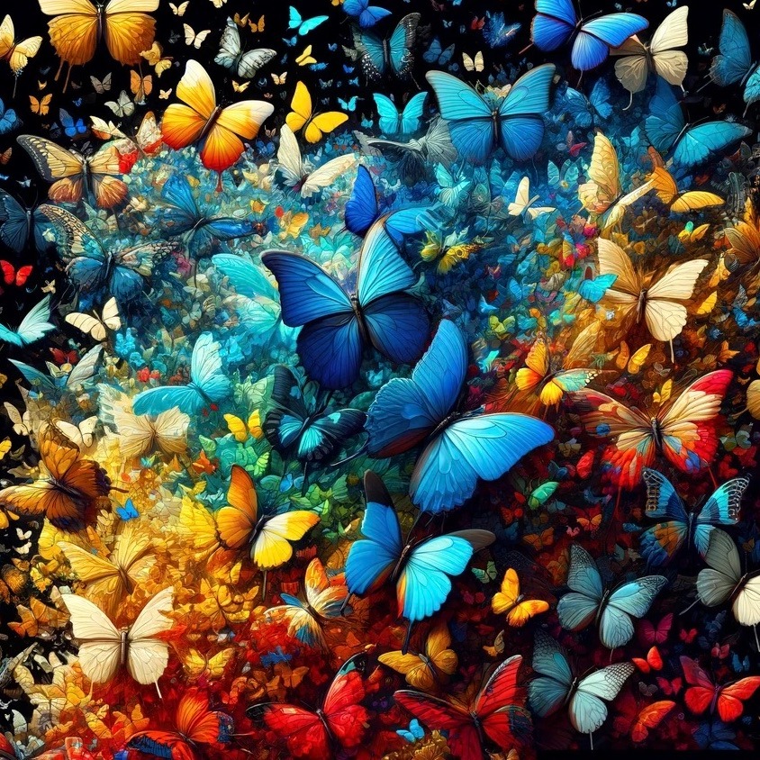 butterfly explosion of many vibrant colours