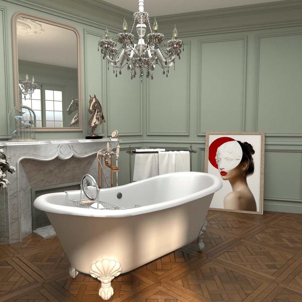 Baignoire ilot sur parquet d'origine dans un appartement haussmannien, Nina Poma Studio.