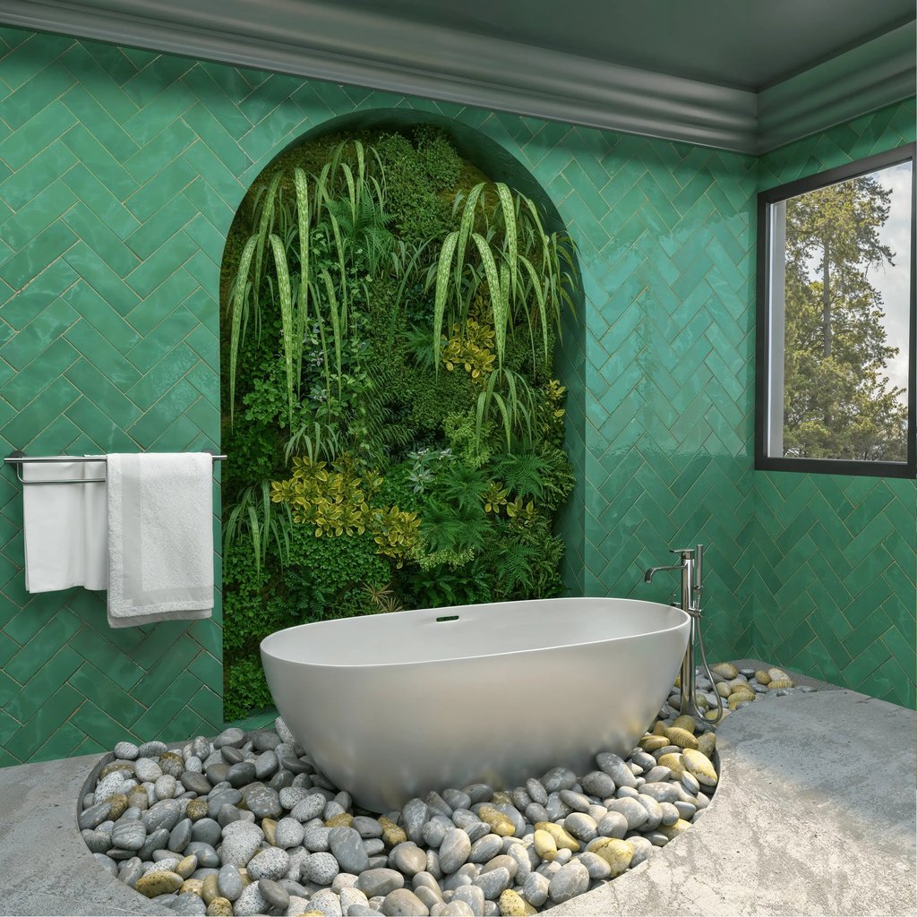 Salle de bain nature avec baignoire sur lit de galets, agence Nina Poma Studio.