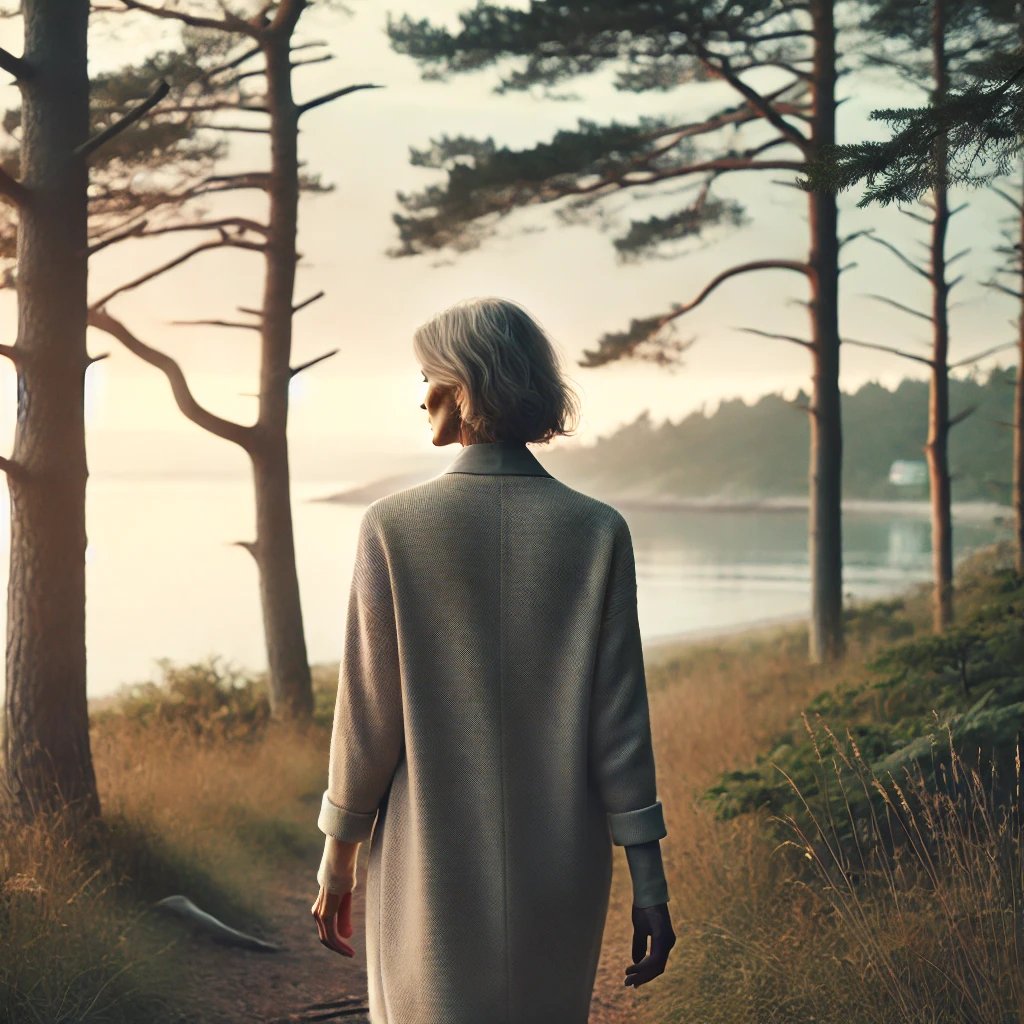 A woman walking peacefully in the nature. Soft light, muted tones, calm reflection.