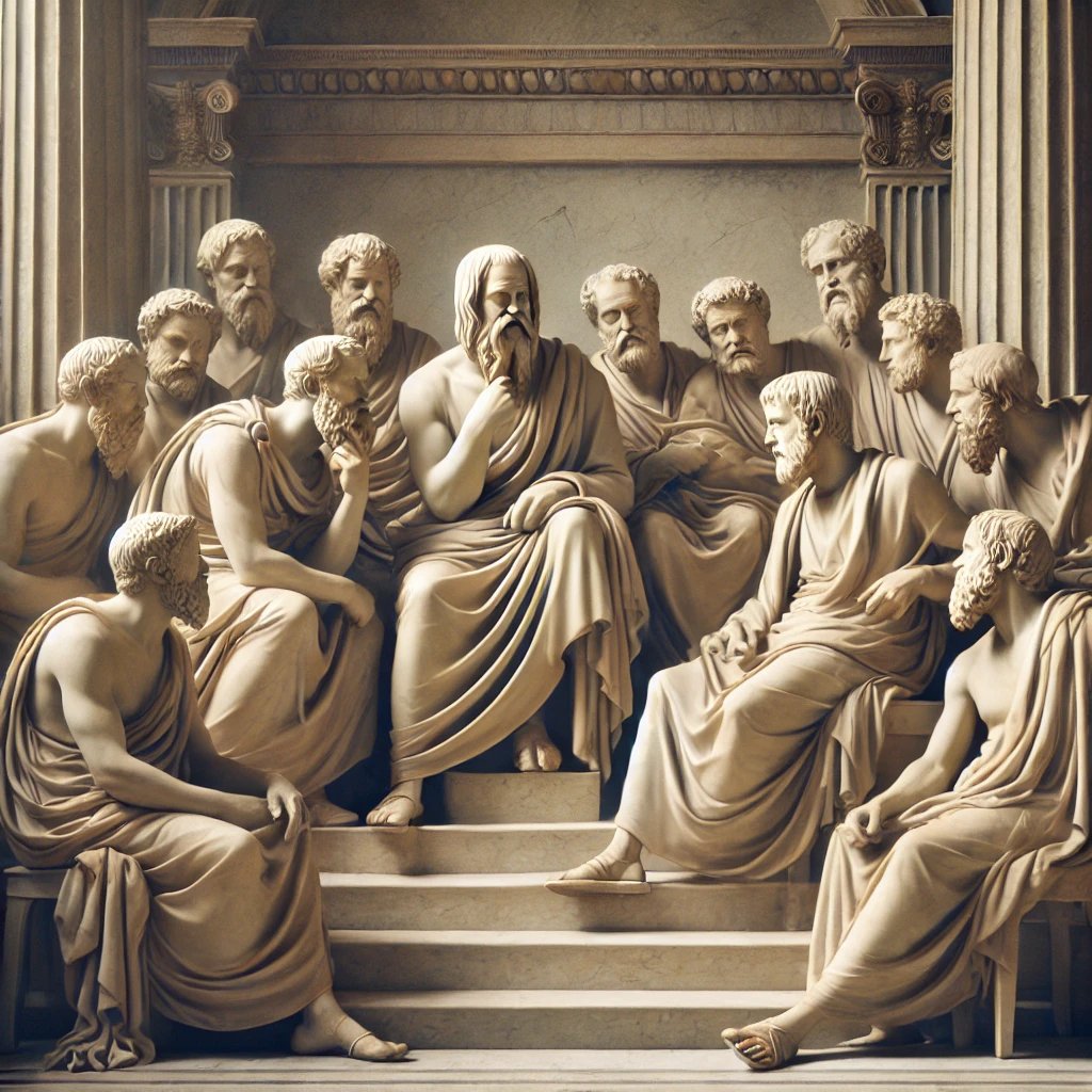 Ancient philosophers in timeless dialogue enduring wisdom.