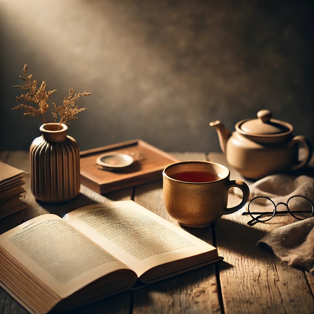 An open book, a warm drink, and natural light: quiet learning and personal reflection.