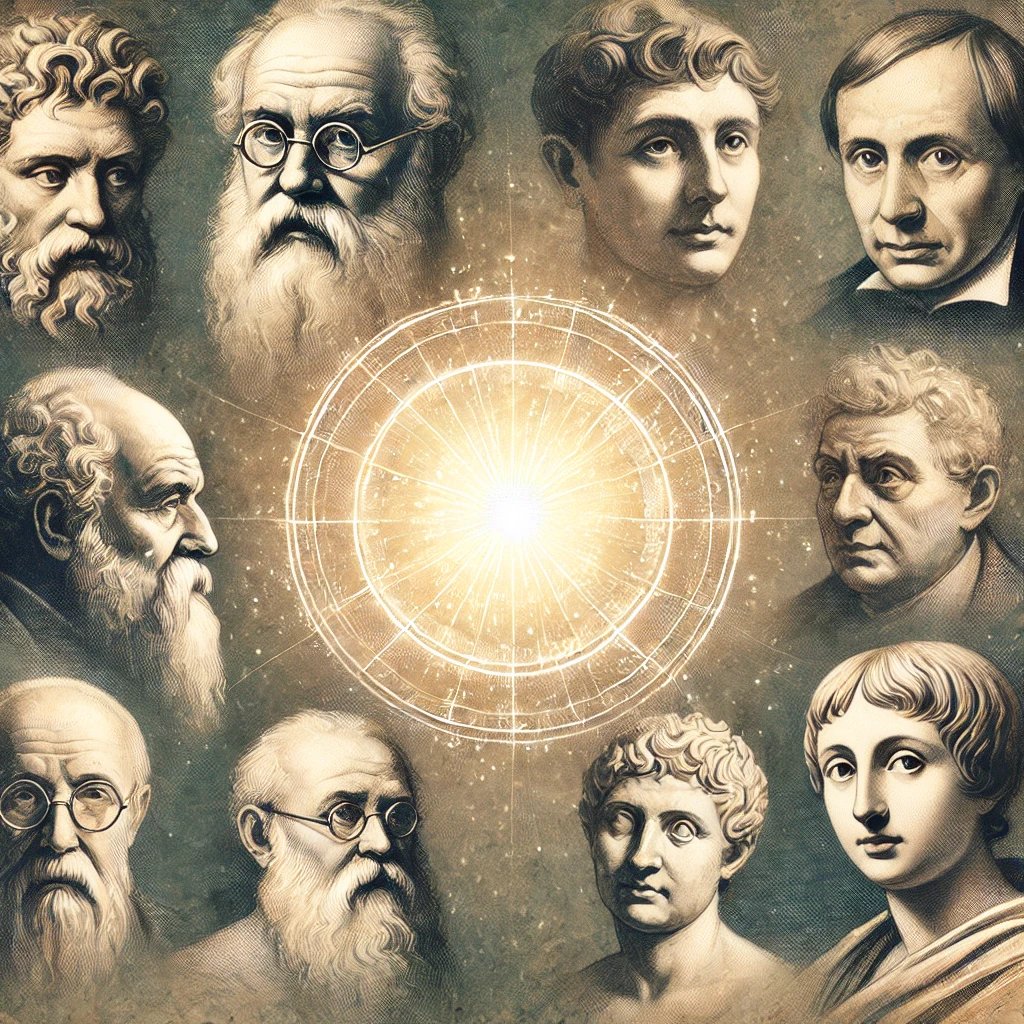 philosophers in a glowing circle—suggesting wisdom radiating across time.