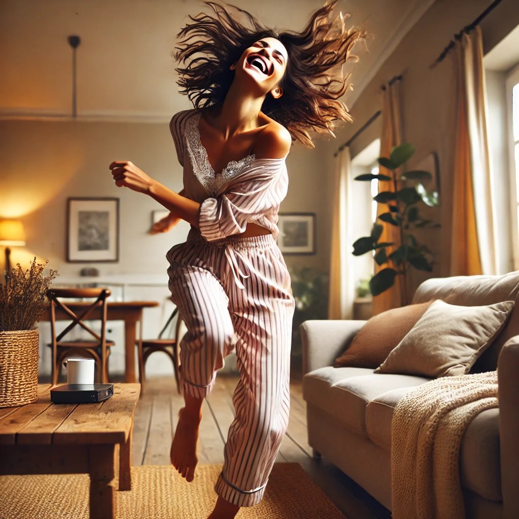 A joyful, carefree woman dancing in their living room, in pajamas, laughing.