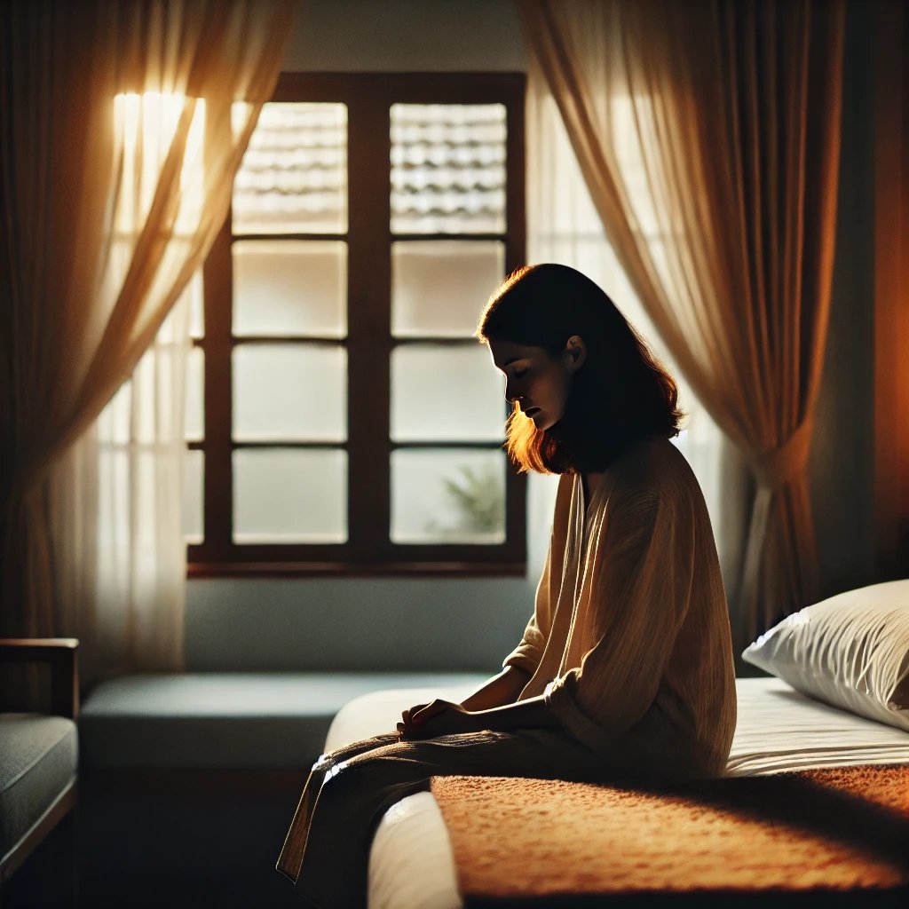 A soft morning light filtering through the curtains, a woman sitting on the bed