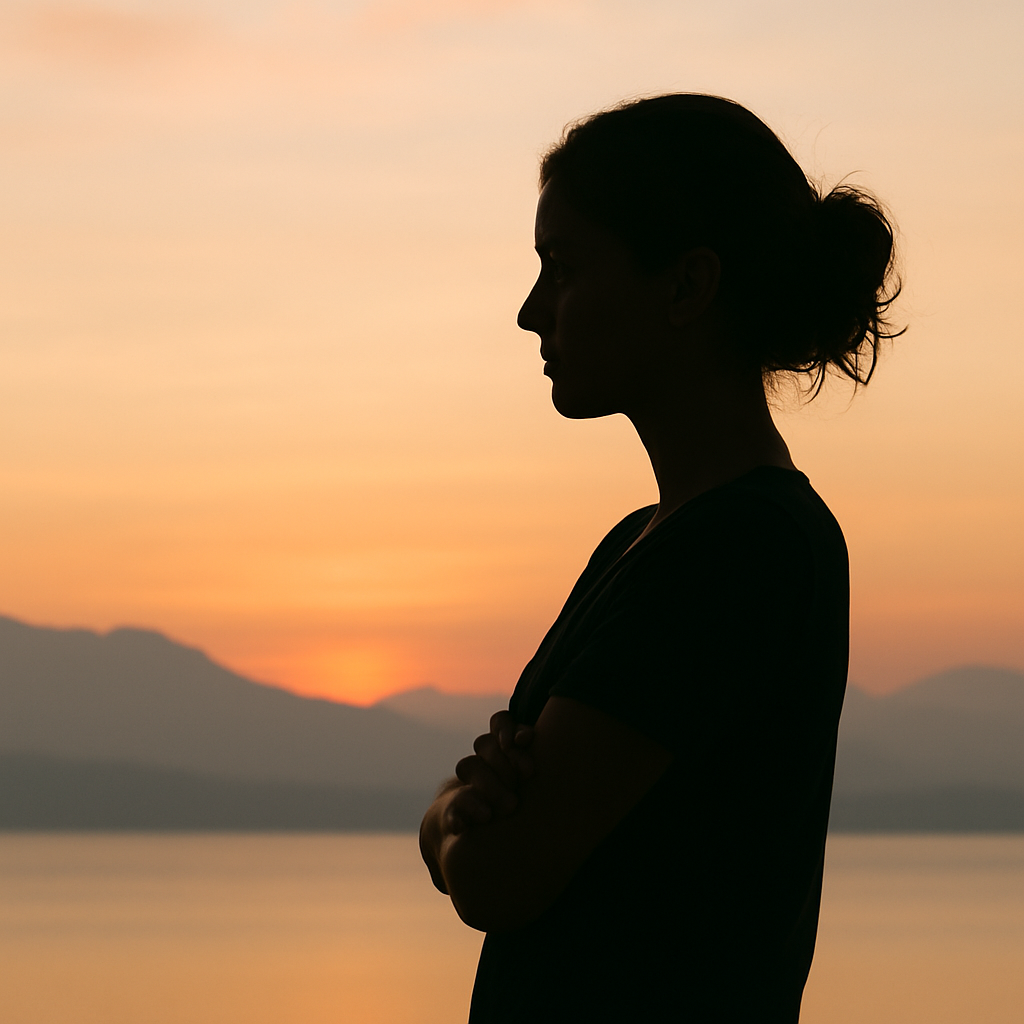 A subtle silhouette of a woman with arms folded gently or standing in quiet reflection.