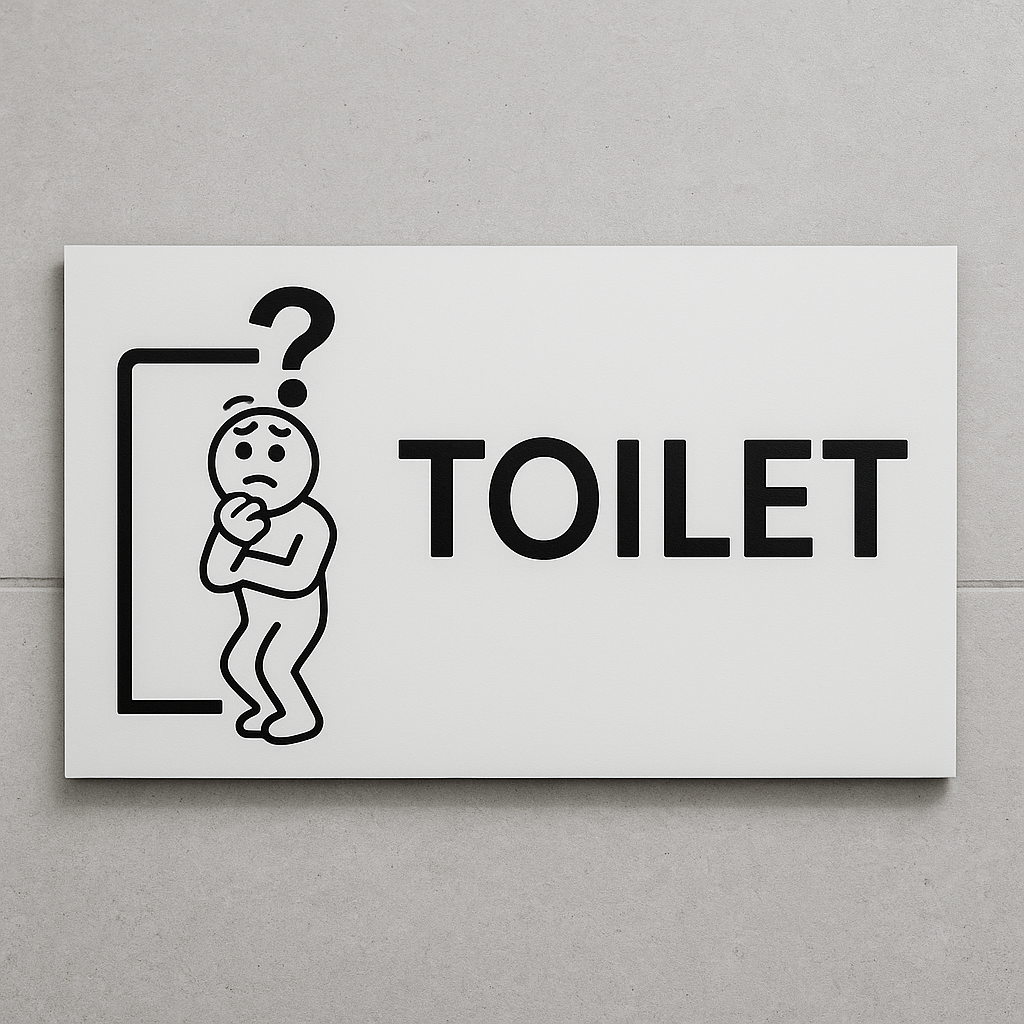 a modern restroom sign that says “Toilet” and a confused figure of a person