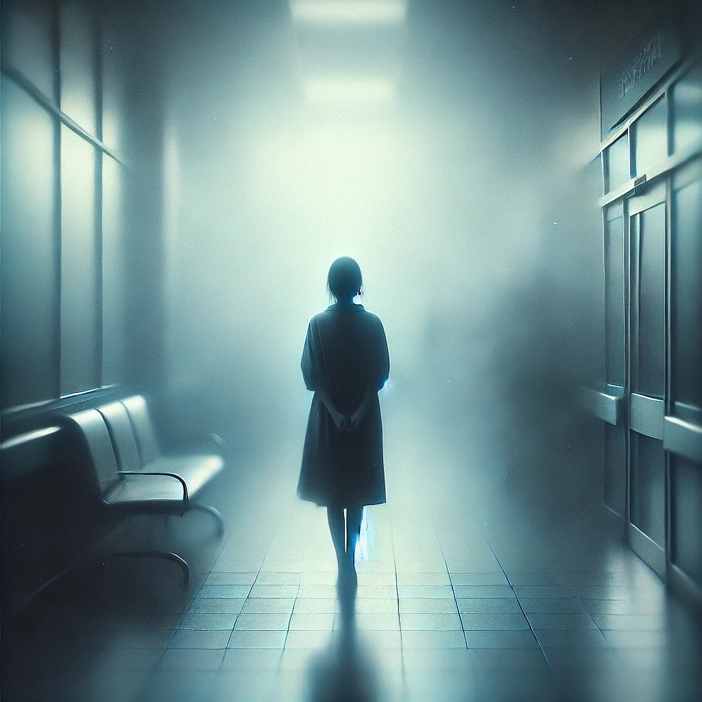A woman leaves a hospital, the blurred world around her evokes detachment, transition, introspection