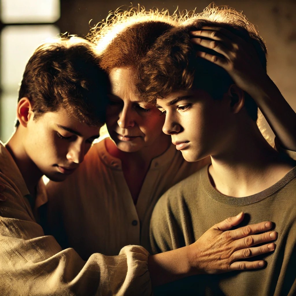 A mother embraces her two teenage sons, their faces close, radiating deep love and emotion.