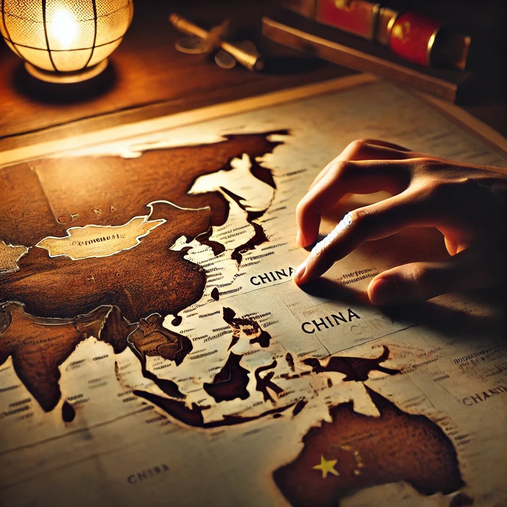 A world map on a table, a finger tracing the path toward China, signifying both escape and hope.