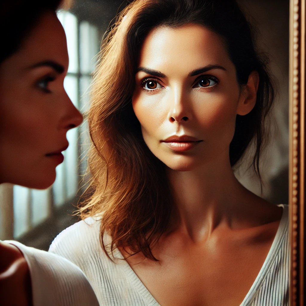 A woman’s mirror reflection—changed yet whole, strong yet soft—symbolizing growth and transformation