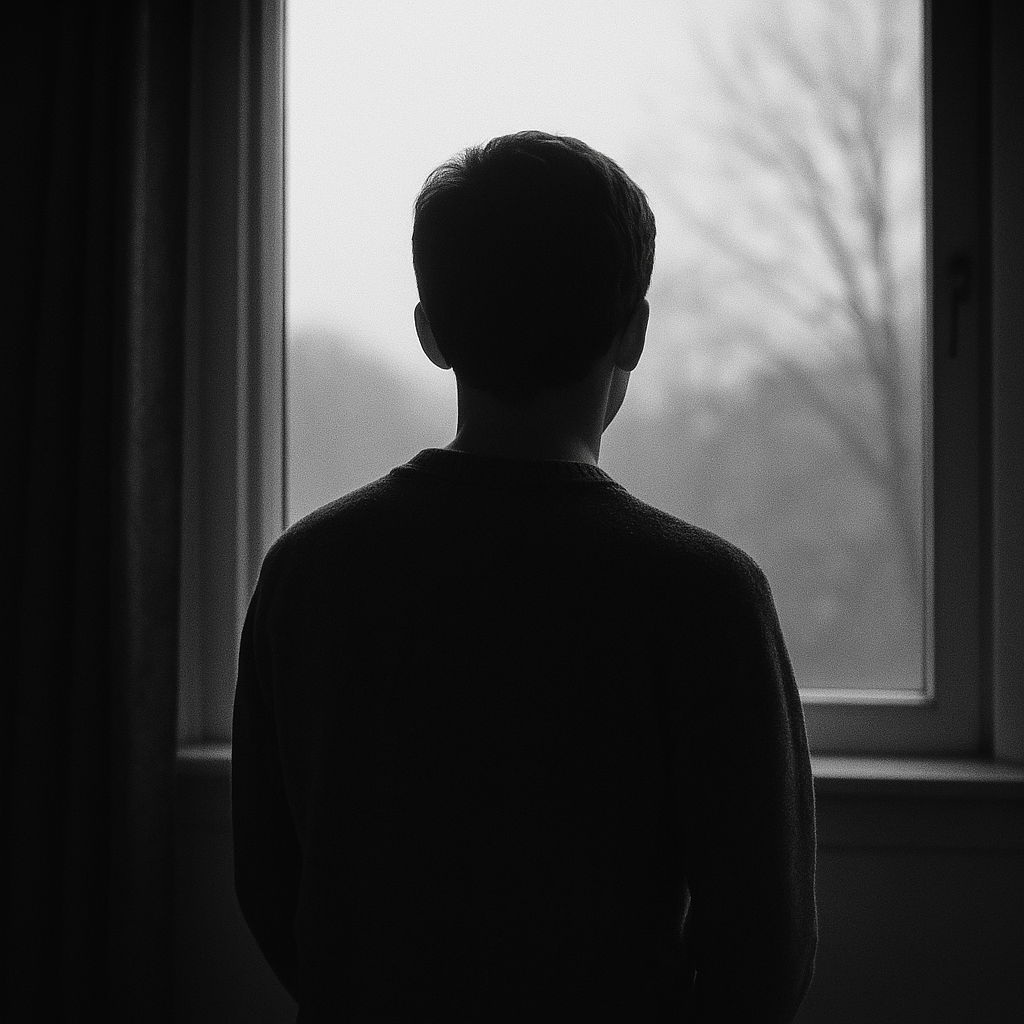 A person standing at a window, looking out — no bars, no locks, just the feeling of quiet captivity.