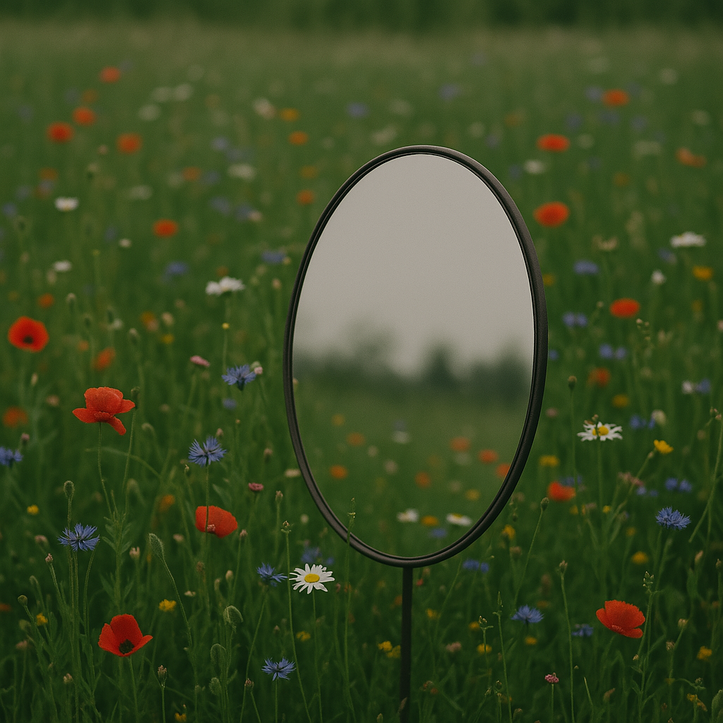 A mirror with no reflection, placed in a field of colorful wildflowers. A symbol of quiet beauty,
