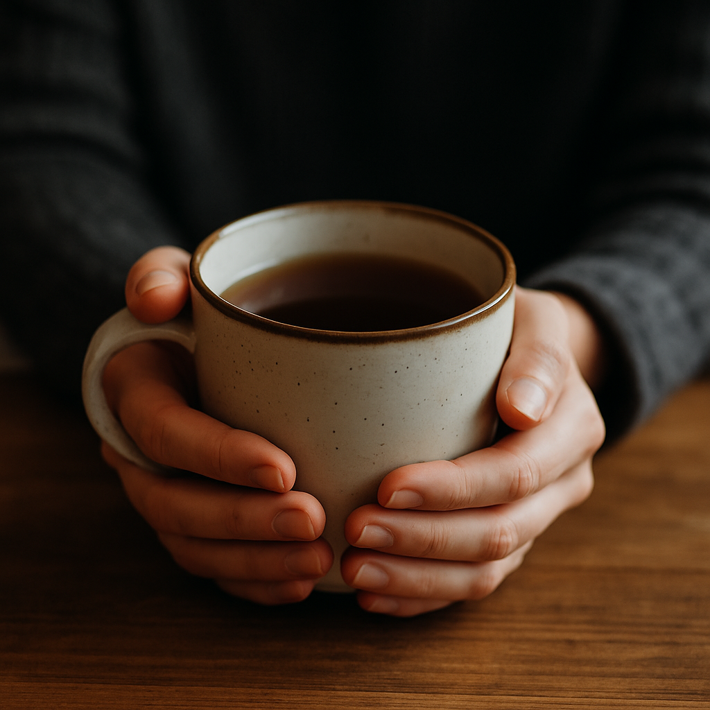 Hands holding a warm mug of coffee on a wooden table, symbolizing a pause and inward reflection.