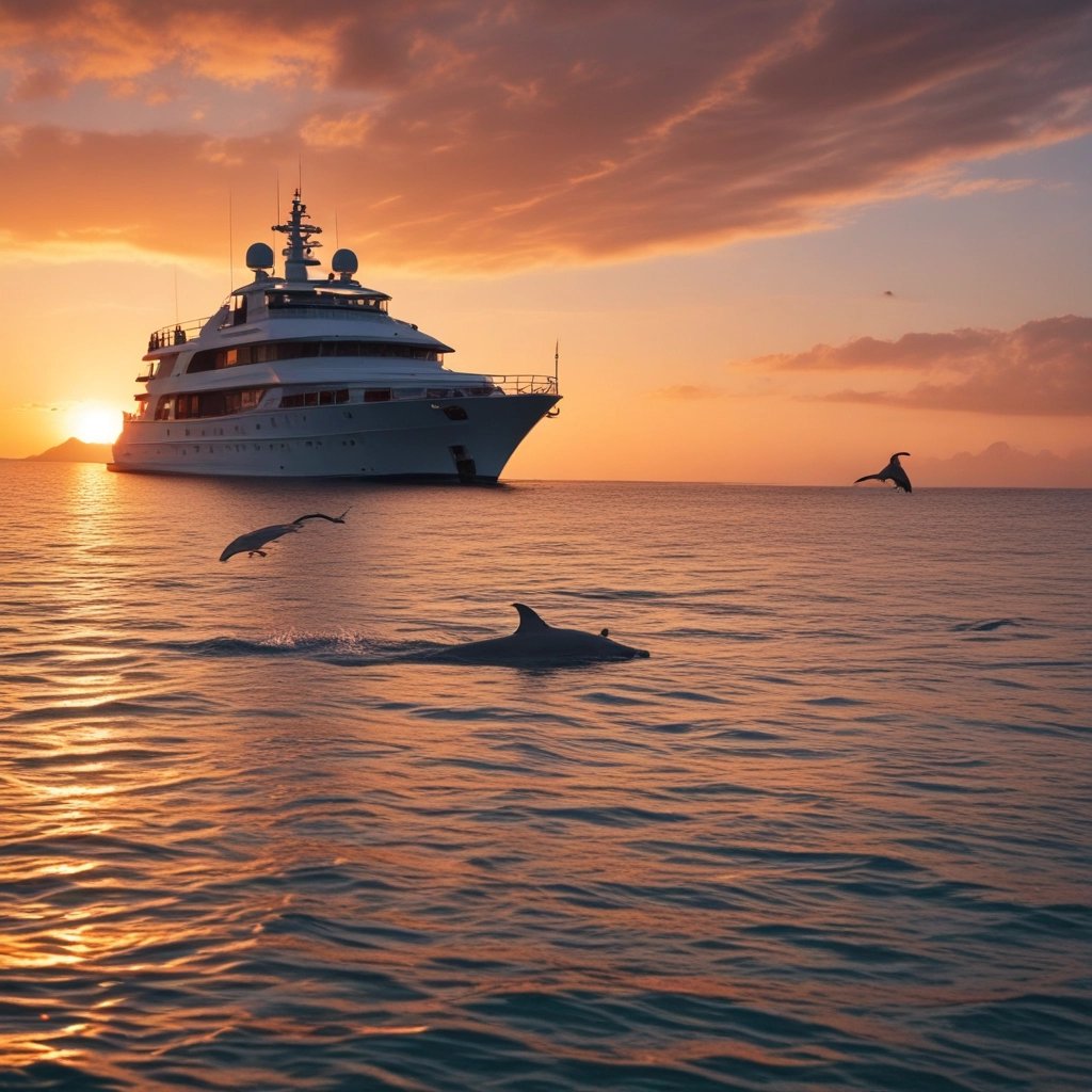 Sunset Dolphin cruise. A luxury yacht with dolphins around. The best excursion for honeymooners.