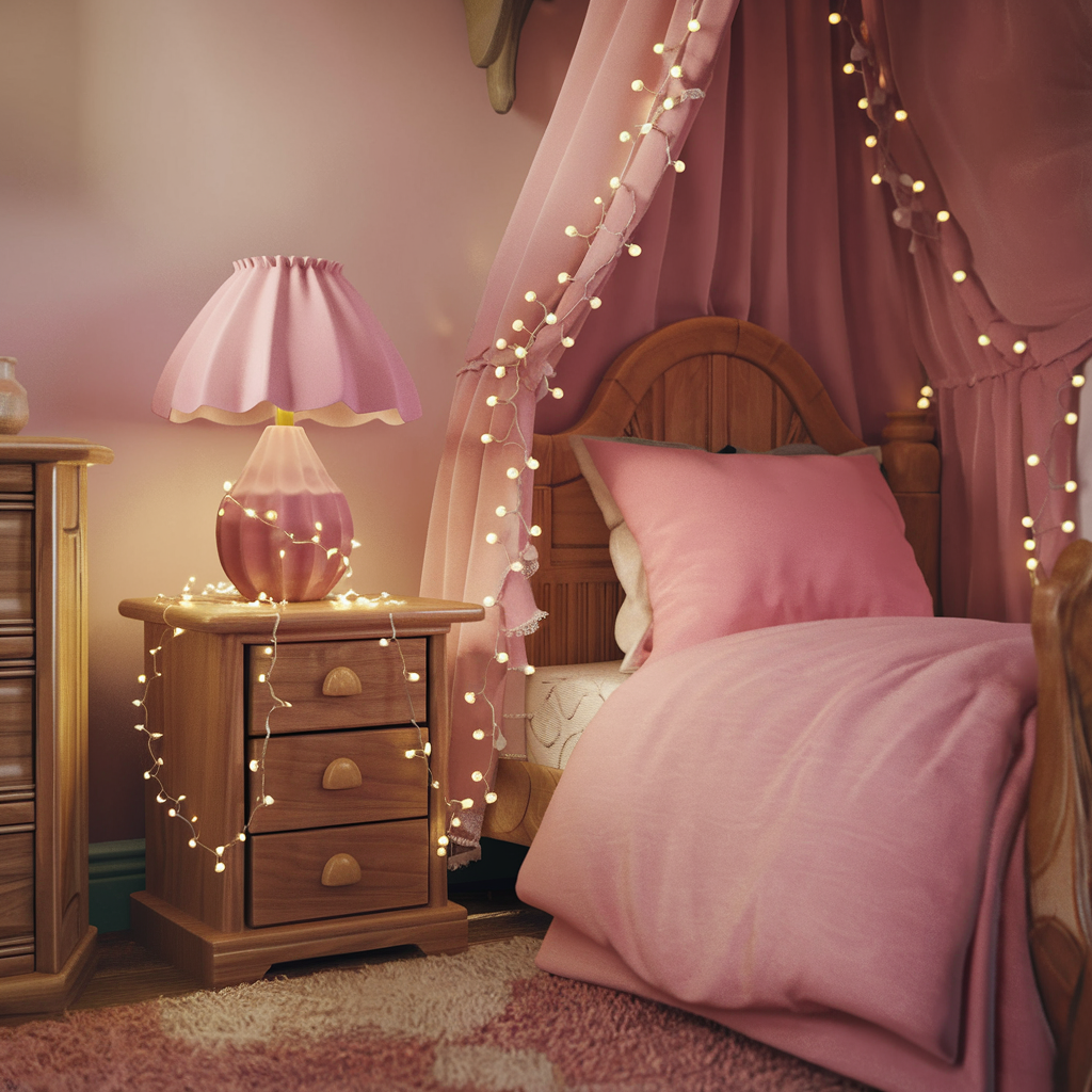 a cozy pink bedroom, fairy lights, wooden elements, pink bedd