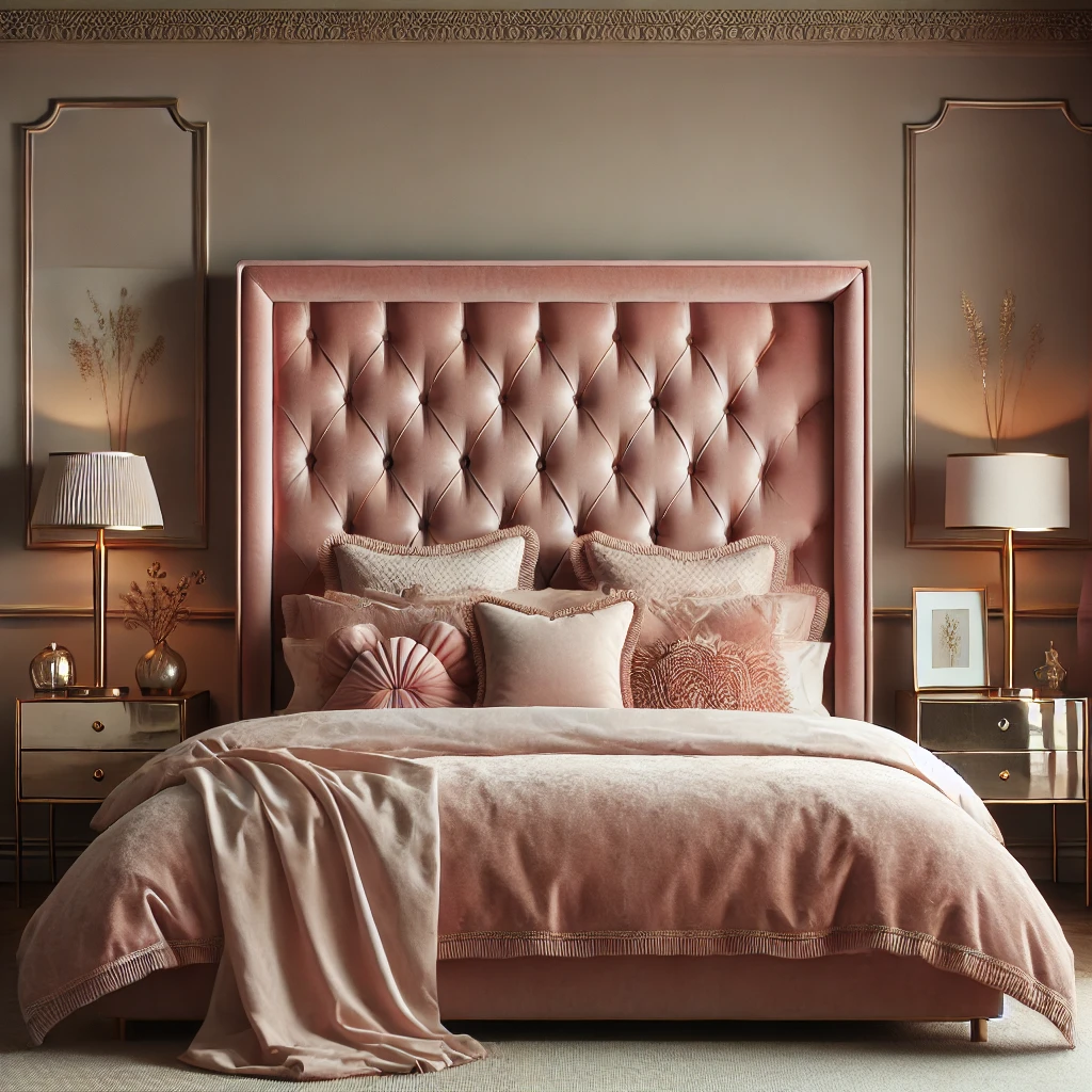 chic bedroom in dusty rose, with a big square pink headboard in velours. the bedding is also in velours. decor objects ingold