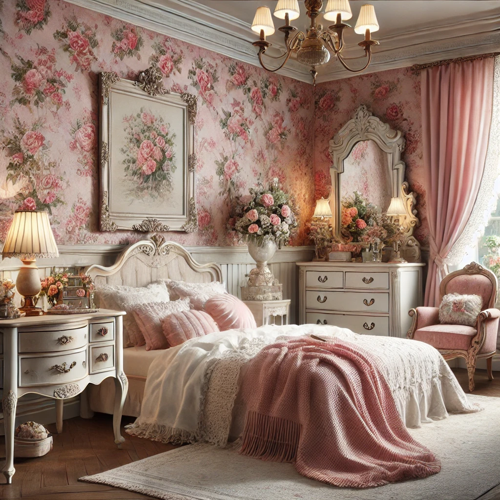 pink romantic room with white decor, coquette style, romantic old style, golden lustre, white furniture, pink chair