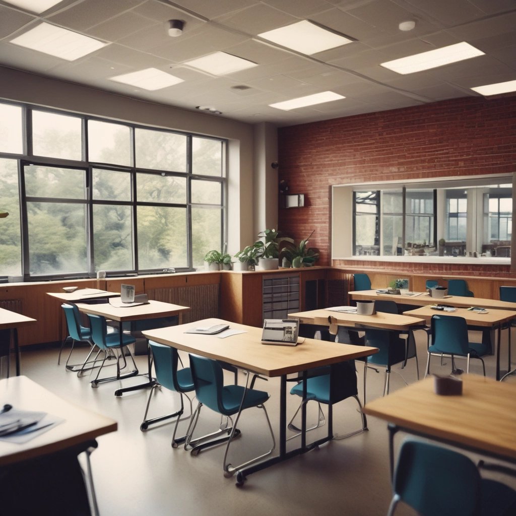 a classroom with desks plants windows and chairs and a desk