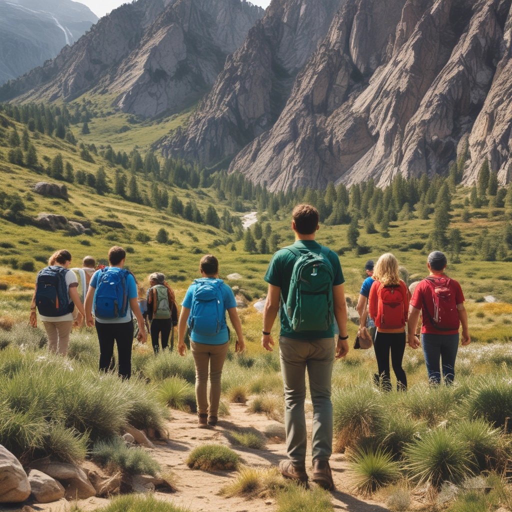a teacher with a group of students hiking through the mountains in nature