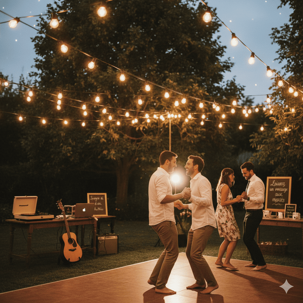 Invités dansant sous guirlandes, image d’un mariage petit budget festif