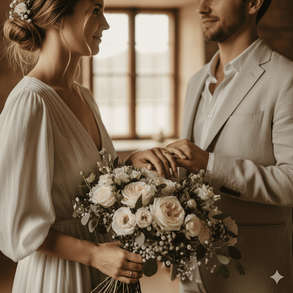 Mains unies et alliances dorées, inspiration pour mariage petit budget élégant